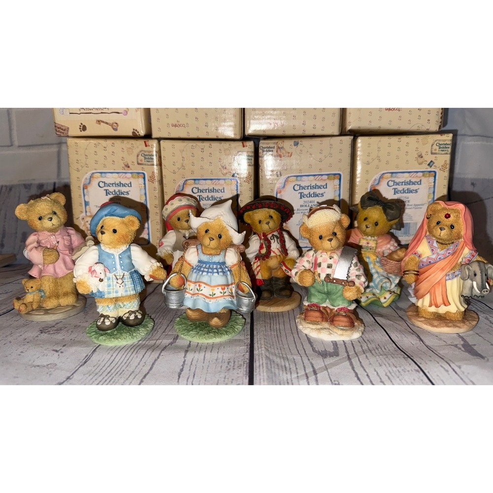 Cherished Teddies Across the Miles Lot of 8 Vintage Figurines Enesco with Boxes